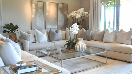 Elegant living room with soft beige walls, a taupe sectional, a glass-top table, and botanical accents