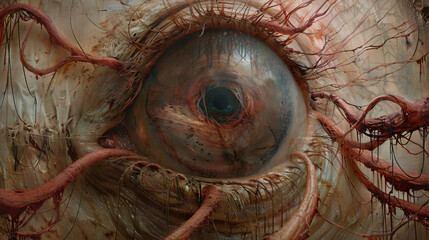 A colossal, pulsating eye with a central pupil that writhes and pulsates grotesquely. Parasitic tendrils snake out from the eye socket, reaching towards the viewer. The abstract 3D background is a