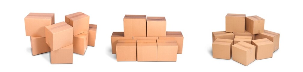 Title: cardboard pile or piles box or stack carton isolated on white background. Online marketing packaging boxes and delivery