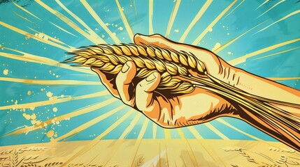 Comic style illustration of wheat ear in hand. Vintage retro feel