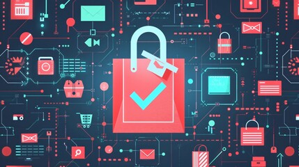 Seamless Online Shopping Experience - Digital Interface with Checkmark on Shopping Bag | E-commerce Concept Illustration