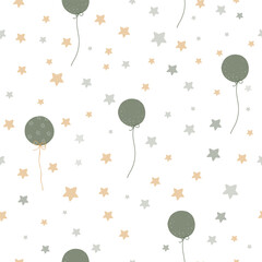 Seamless pattern. Vector illustration. Light background seamless pattern with multi-colored polka dots and balloons, stars. Muted colors. Small drawing. Lots of air. Trendy colors and style.