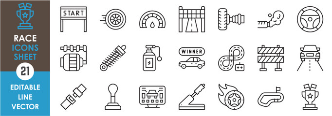 A set of line icons related to car race. Race, start, win, exhaust, track, seat belt, drift, wheels, trophy, nitro and so on. Vector outline icons set.