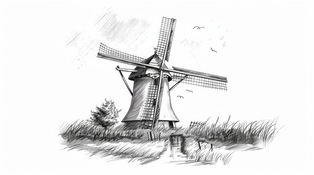 recommend clip art: Line art drawing of traditional windmill over white background.