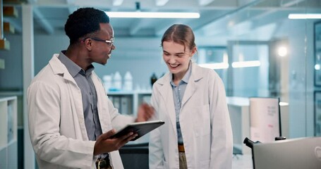 Scientists, tablet and high five in lab for success, breakthrough and innovation with collaboration. People, tech and celebration for medical research development, vaccine and experiment results - Powered by Adobe
