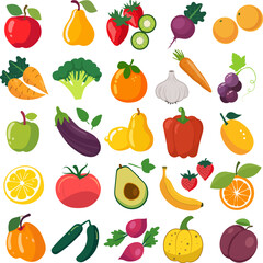 Fruits and vegetables collection. Illustration in flat style. Cute colorful vector illustration template with different types of fruits and vegetables