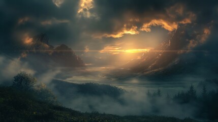 Obraz premium Dramatic sunrise illuminating misty mountains and valleys with a mystical sky, creating a breathtaking and serene landscape view.