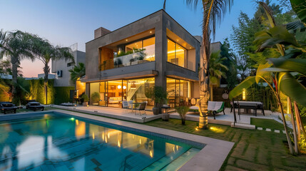 Luxurious contemporary villa with glowing interiors and a beautifully landscaped backyard