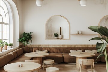 The interior of a modern luxury cafe includes chairs, a table, a couch, and an arch wall