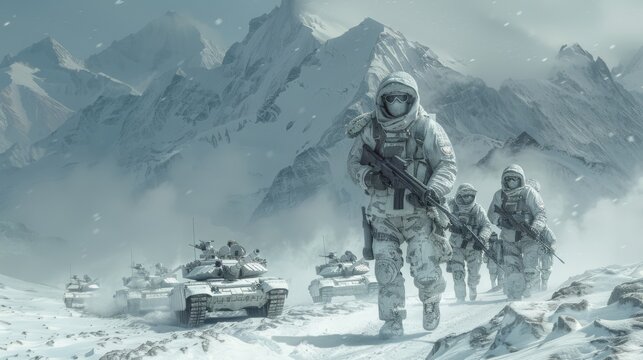 War scene in the snowy mountains, soldiers wearing white snow camouflage, tanks, heavy snow, marvel movies, cinematicstill shot, wildangle view, headon perspective, highdefinition, generated with AI