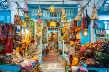 White-blue city of Sidi Bou Said, Tunisia. Eastern fairy tale with a French charm. View of an old historic building, Sidi Bou Said Carthage, Tunisia.