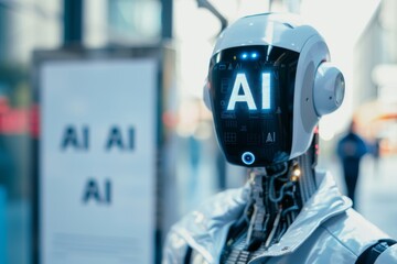 AI Robot with Digital Display in a Modern Laboratory Setting