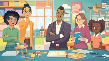 diverse group of educators, including Caucasian, Black, and Asian teachers, planning a multicultural festival in a colorful classroom