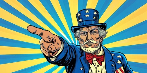 Patriotic cartoon Uncle Sam pointing to a bright future on Fourth of July, watercolor style. Culture, faith, hope, HD wallpapers, backgrounds, generated by AI.
