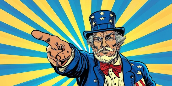 Patriotic cartoon Uncle Sam pointing to a bright future on Fourth of July, watercolor style. Culture, faith, hope, HD wallpapers, backgrounds, generated by AI.
