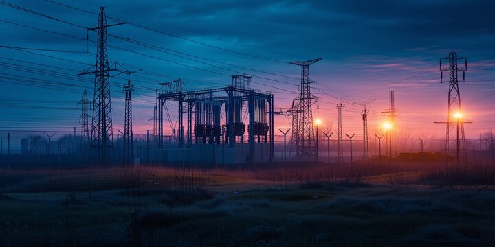 electrical substation with high voltage substation power lines and towers silhouetted against the sunset sky. critical infrastructure and energy distribution network