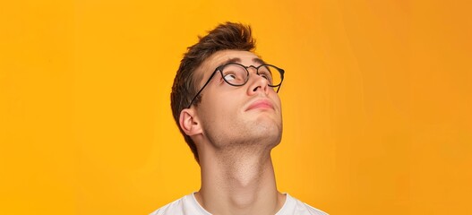 An orange background with a young man wearing glasses looking upwards, thinking. Stock artificial intelligence.
