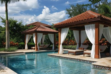 Fototapeta premium a gazebo next to a swimming pool in a tropical setting