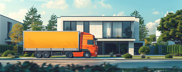 A brightly colored moving truck parked in front of a modern suburban home, family members loading boxes, sunny day, high detail, realistic, sense of excitement and transition