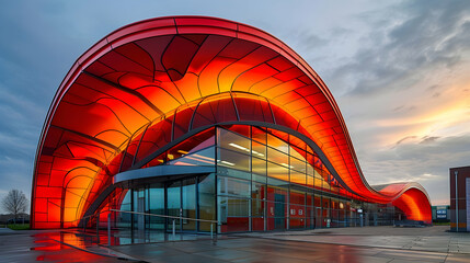 Modern architecture with striking red and orange colors, glass installations, and a curved canopy...