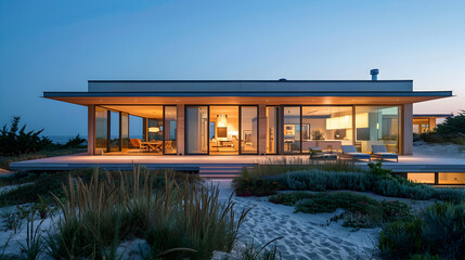 Modern beach house with a warm interior glow and a landscaped dune garden