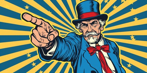Patriotic cartoon Uncle Sam pointing to a bright future on Fourth of July, watercolor style. Culture, faith, hope, HD wallpapers, backgrounds, generated by AI.
