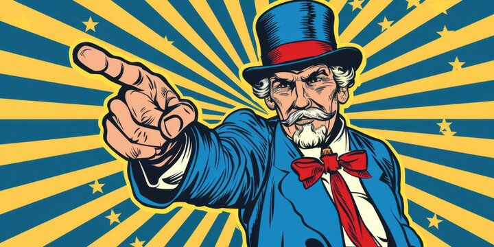 Patriotic cartoon Uncle Sam pointing to a bright future on Fourth of July, watercolor style. Culture, faith, hope, HD wallpapers, backgrounds, generated by AI.
