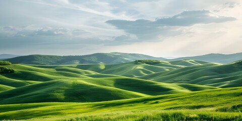Obraz premium Green rolling hills under serene sky represent natures beauty and tranquility. Concept Nature, Beauty, Tranquility