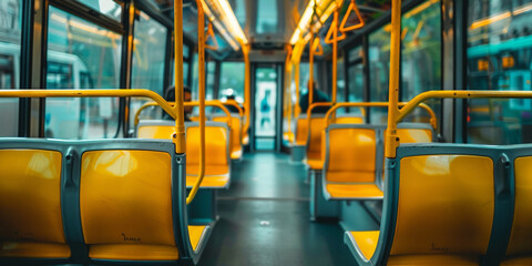 Fototapeta premium Unfilled bus seat potential for a comfortable and peaceful excursion with road background