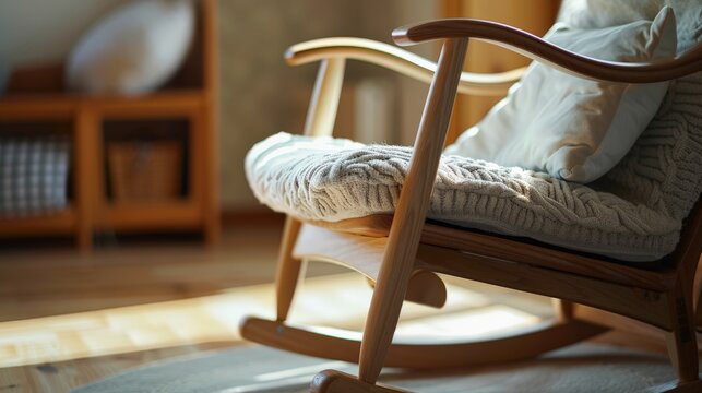 Close-up of a rocking chair&acirc;&euro;&trade;s footrest in use, capturing the relaxing movement and restful pose in a nursery.