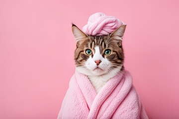 A Cat Is Wrapped In A Fluffy Pink Towel Against A Pink Background. Photo Of A Cat, Cat Photography, Cute Cat Photo, Cat Photo, Cat Design, Draped In Pink And Green Robes, Anthropomorphic Female Cat, A
