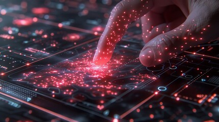 Digital Engagement Illustrate a mans finger engaging with a touchscreen interface, with vibrant colors and interactive elements enhancing the user