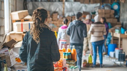 People in Relief Center with Emergency Supplies for Community Support Campaigns