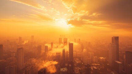 Fototapeta premium A stunning cityscape bathed in golden sunlight with high-rise buildings and dramatic clouds in the sky.