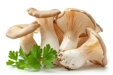 A group of mushrooms with a sprig of parsley