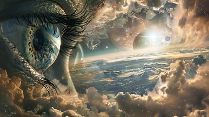 Surreal digital artwork depicting a close-up of an eye gazing into an otherworldly landscape with planets, clouds, and distant galaxies.