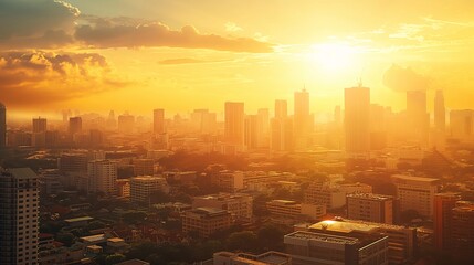 Obraz premium Urban cityscape during a golden sunset with glowing skyline, high-rise buildings, and warm light illuminating the city streets.