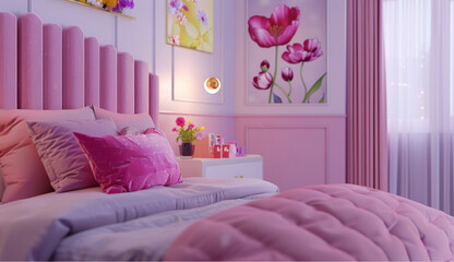 Girls' bedroom with a combination of pink, purple and white, beautiful wall hangings, bed blankets and pillows