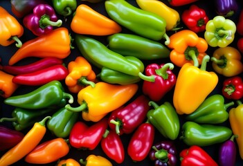 A still life arrangement of different colored bell peppers on a wooden table