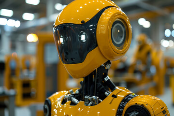 Yellow robot with glowing lights in industrial setting