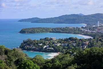 Fototapeta premium View of Karon, Kata and Kata Noi beaches from the observation deck. Picturesque landscape of Phuket island, Thailand
