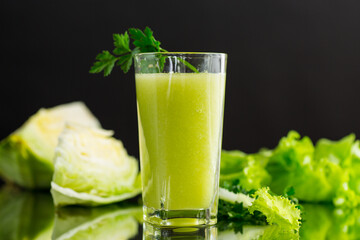 vegetarian smoothie made from green vegetables, cabbage, lettuce, greens