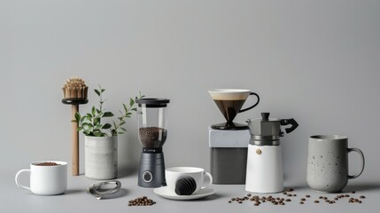 A gourmet coffee setup with beans and accessories on a light gray background, showcasing the art of coffee-making. --ar 16:9 --style raw Job ID: 97c51eaa-4006-4f9c-9bbc-5273f87021ea