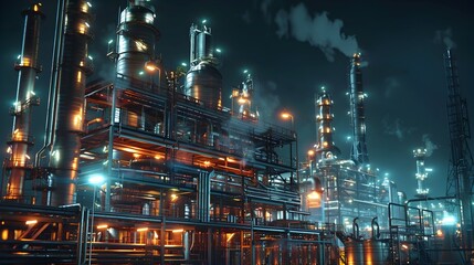 Illuminated Nighttime Refinery Complex with Intricate Machinery and Structures