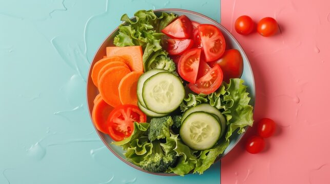 A healthy salad bowl on a pastel-colored background, promoting fresh and nutritious eating. --ar 16:9 --style raw Job ID: 75e60eb6-ae2b-4589-b52e-abc9aed2321b