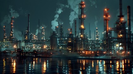 Fototapeta premium Night Refinery with Glowing Lights and Intricate Details