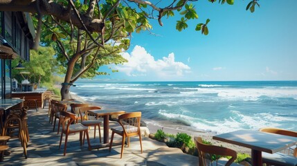 A cafe by the beach, offering stunning ocean views and a relaxing ambiance. The sound of waves crashing and the salty sea breeze enhance the experience of sipping a perfectly brewed coffee.