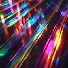 Holographic aesthetic with neon lights forming vibrant lines, blending into a prismatic texture.