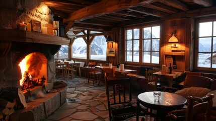 A cozy mountain cafe with rustic charm and stunning views. Enjoy your coffee by the fireplace or on the terrace overlooking the peaks.