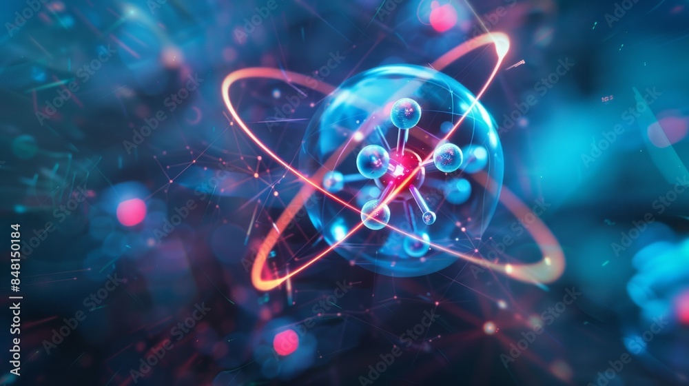 Poster a blue sphere with red and orange lines surrounding it